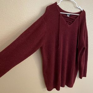 Oversized Waffle Knit V Neck Crisscross Sweater